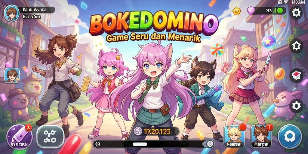 Tampilan gameplay BOKEDOMINO dengan karakter Anime yang menarik.