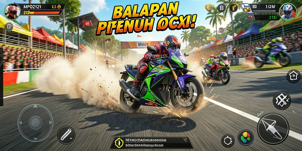 Screenshot gameplay MPO2121 menampilkan motor balap yang melaju kencang di trek.